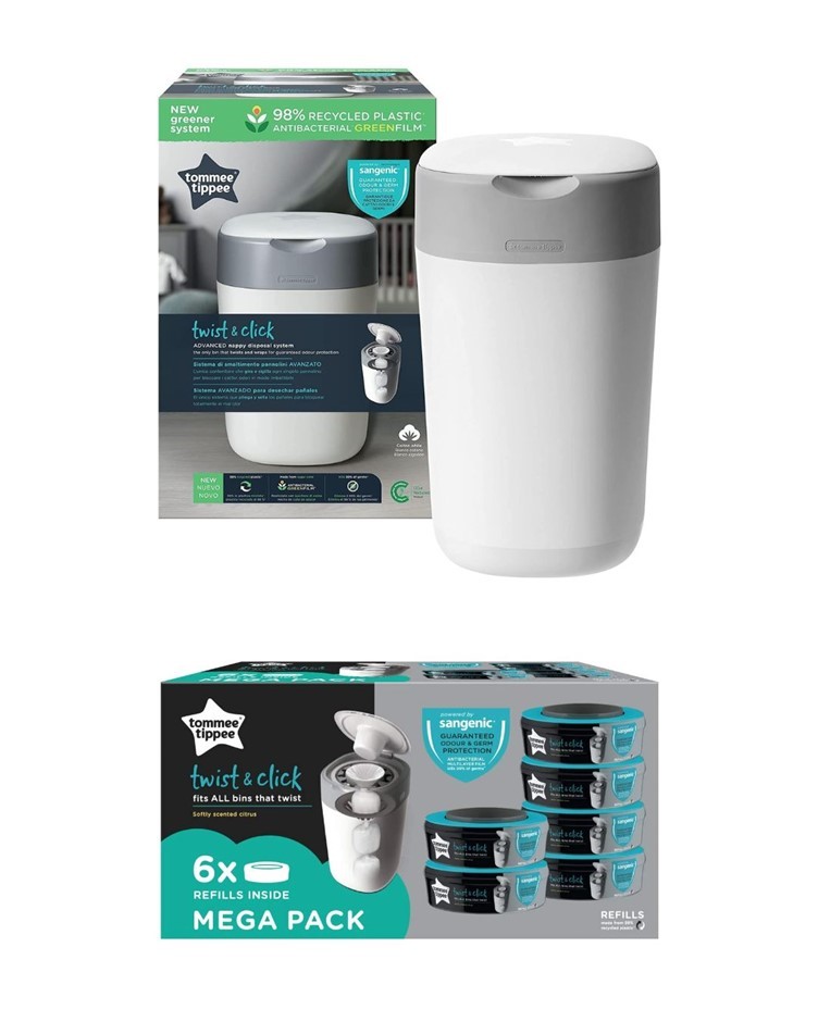 TOMMEE TIPPEE BUNDLE: Twist and Click Advanced Nappy Disposal Bin System Po