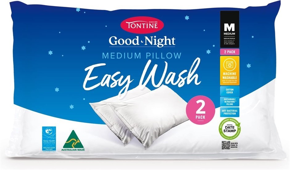 TONTINE Goodnight Easy Wash Pillow. 2 Pack. Medium Profile Pillows.