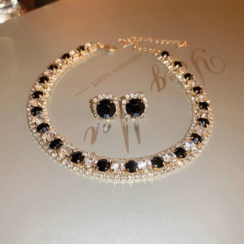 Designer Simulated Diamond Black Choker Necklace & Earring Set in Silver