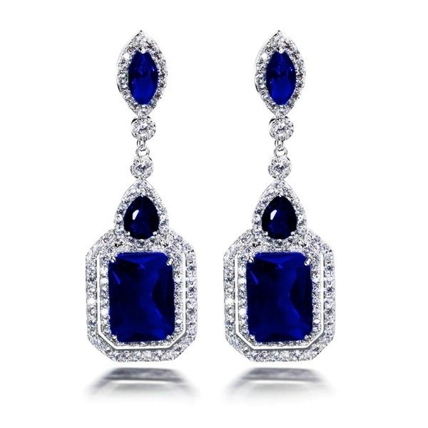 Designer Blue Simulated Diamond Rectangle Drop Earrings