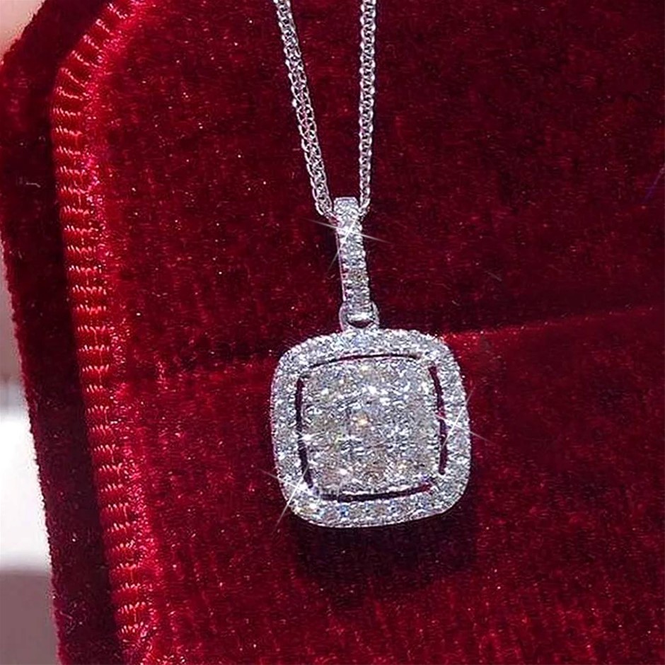 Designer Simulated Diamond Square Pendant Necklace in Silver