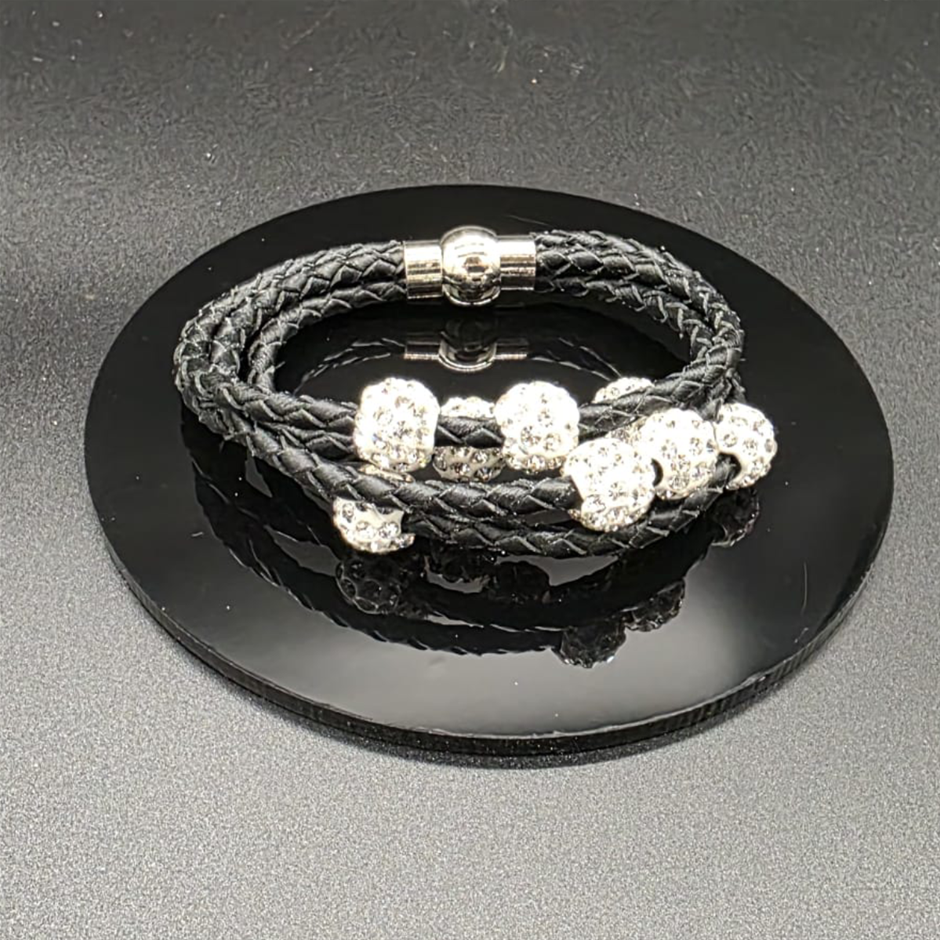Designer Simulated Diamond Multi Ball Bracelet with Black Braided Band