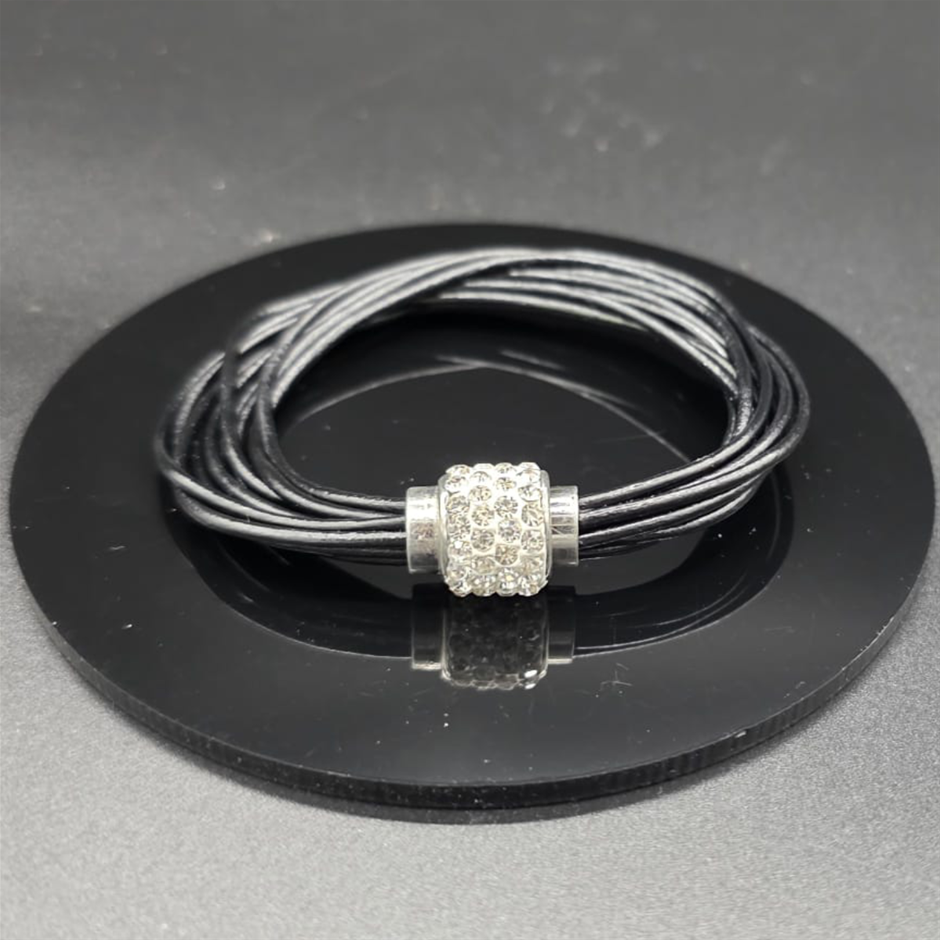 Designer Simulated Diamond Ball Bracelet with Black Braided Band