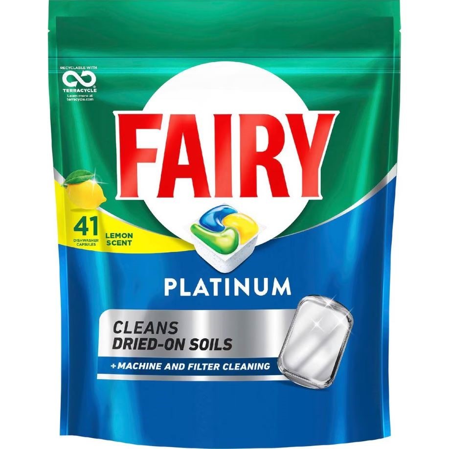 2 x Pack of 41pc FAIRY Platinum Dishwasher Capsules, Dried-On Soils, Lemon.