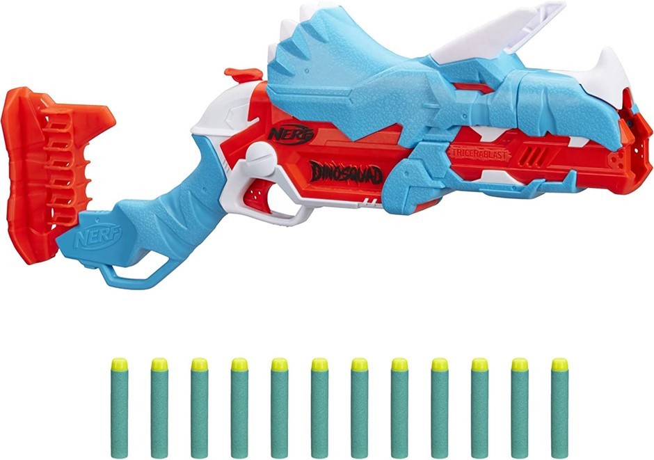 2 x NERF DinoSquad Tricera-blast Dart Blaster, Break-Open 3-Dart Loading, 1