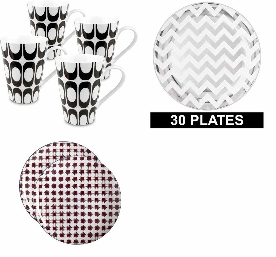 DINNERWARE Bundle: Konitz Groove 4pc Mug Set, 30pc Amscan Silver Chevron Pl