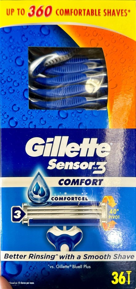 GILLETTE 36pk Sensor 3 Comfort Disposable Razor. NB: damaged packaging, app