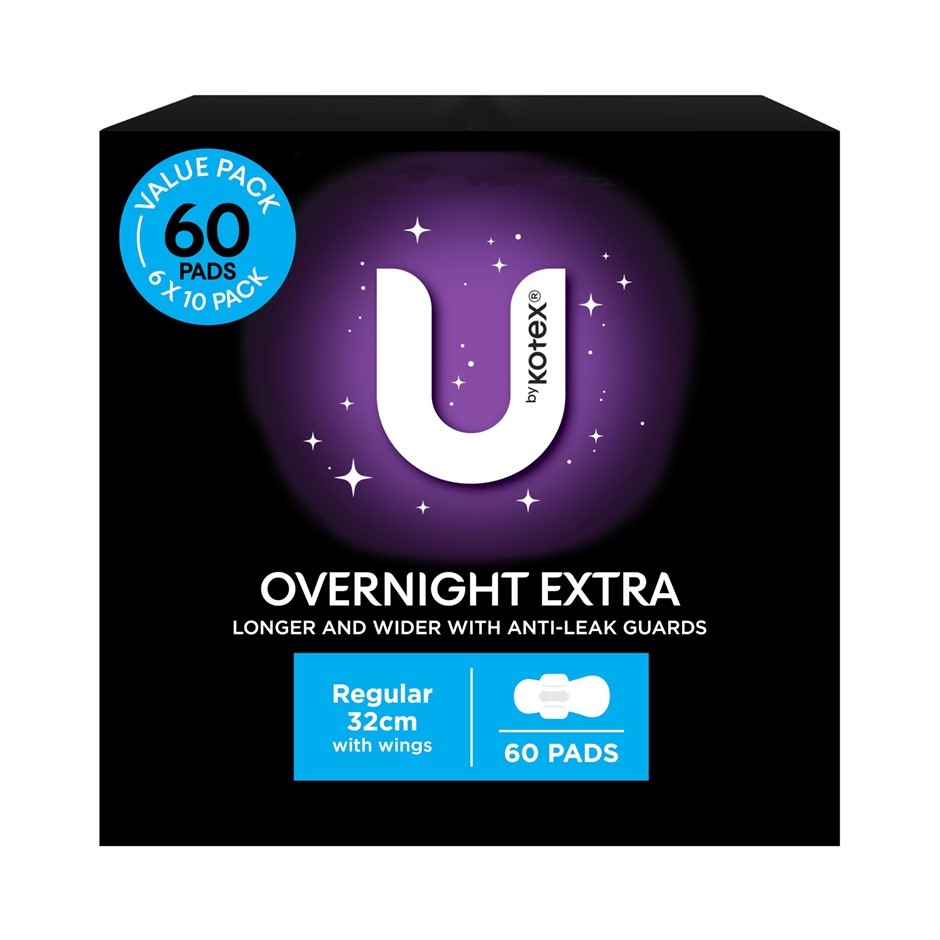 Box of 60pk U BY KOTEX Overnight Extra Regular Pads w/ Wings. N.B: Not in o