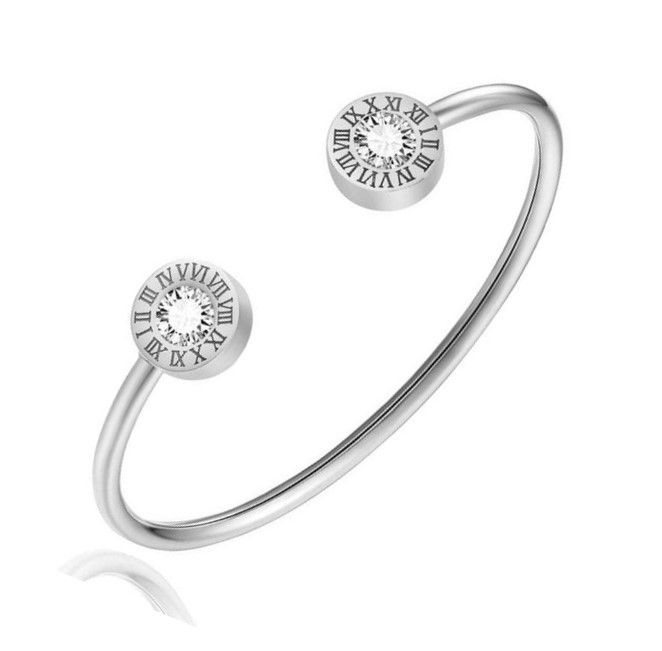Elegant Stainless Steel Roman Numeral Open Bangle with Simulated Diamonds