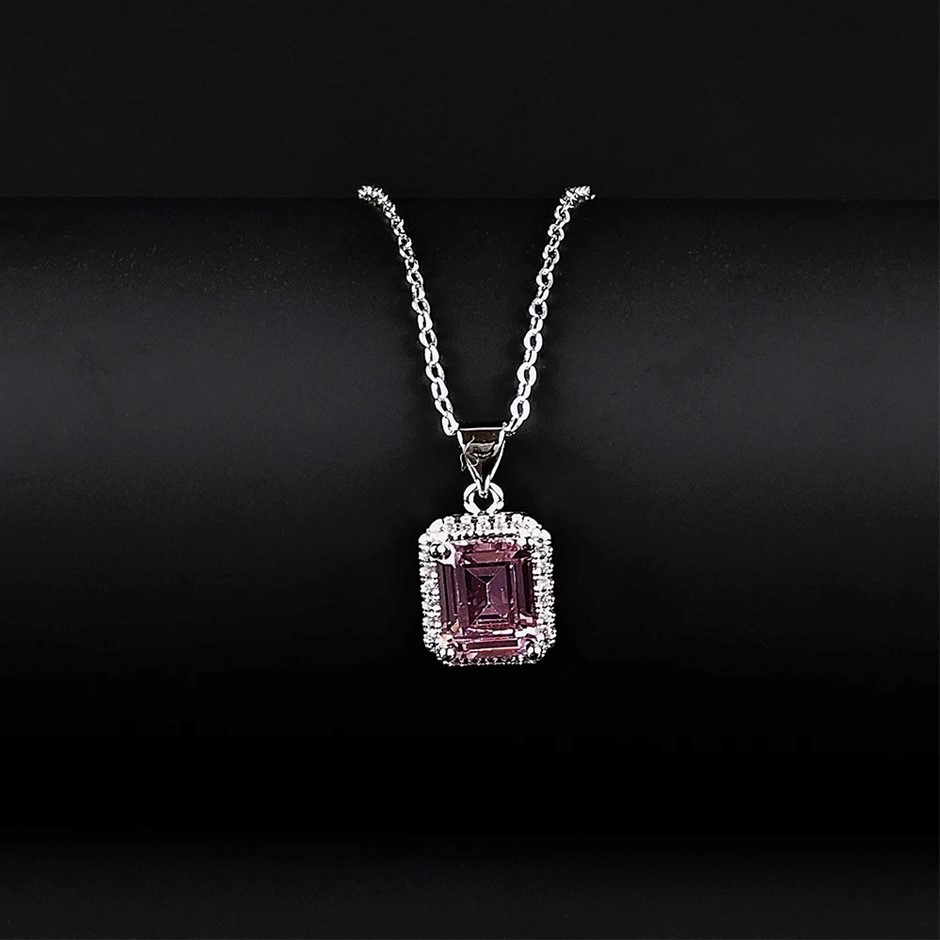 Rectangular Pink Pendant Necklace in Silver