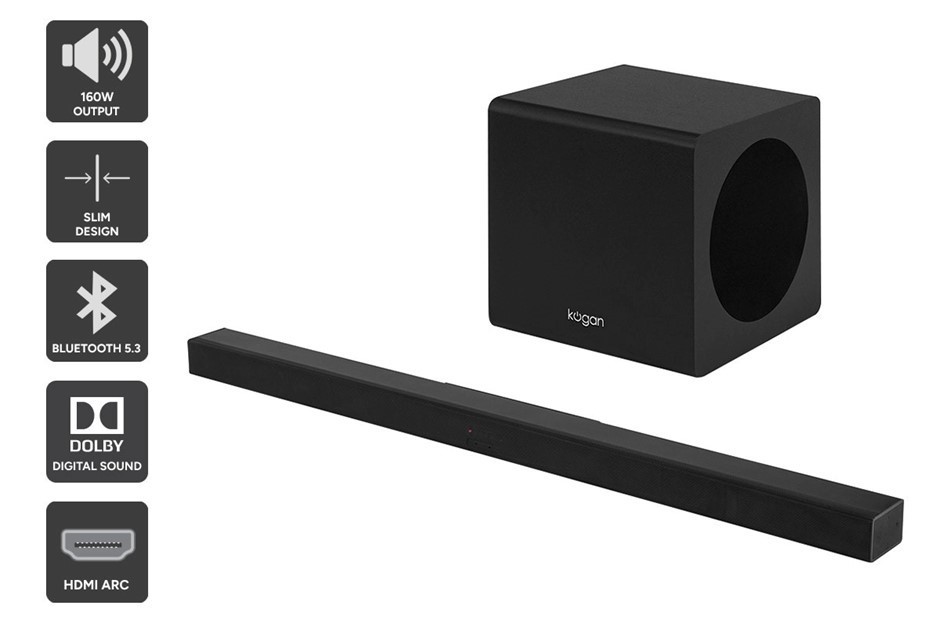 KOGAN 2.1 Channel 160W Dolby Slim Soundbar with Wireless Subwoofer.