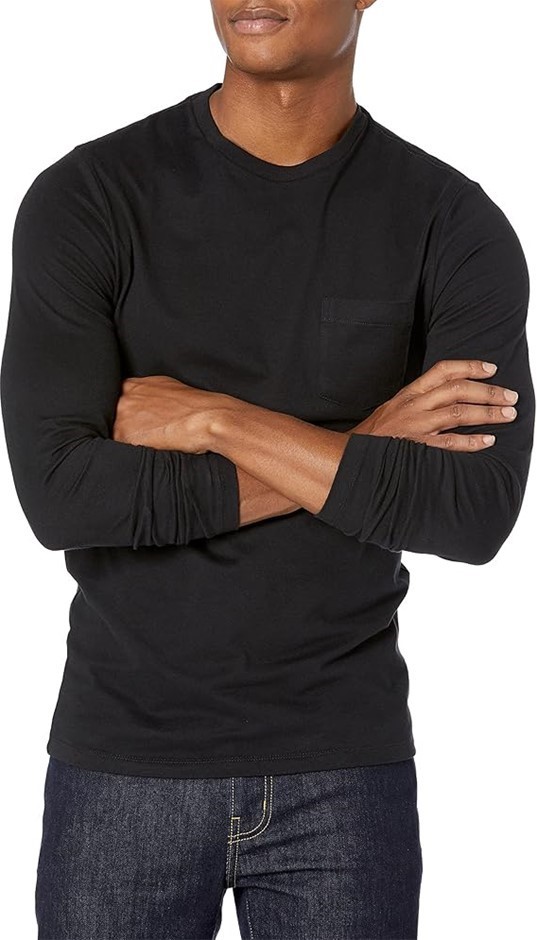 AMAZON ESSENTIALS Men's Slim Long Sleeve, Size 2XL, 100% Cotton, Black.
