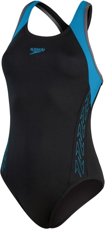 SPEEDO Womens Classic One Piece Swimsuit, Black/Bolt/Grey, 34 US