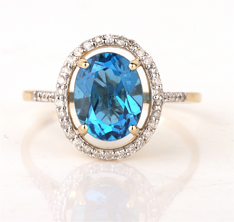 Yellow Gold Natural Swiss Blue Topaz & Diamond Ring with Valuation