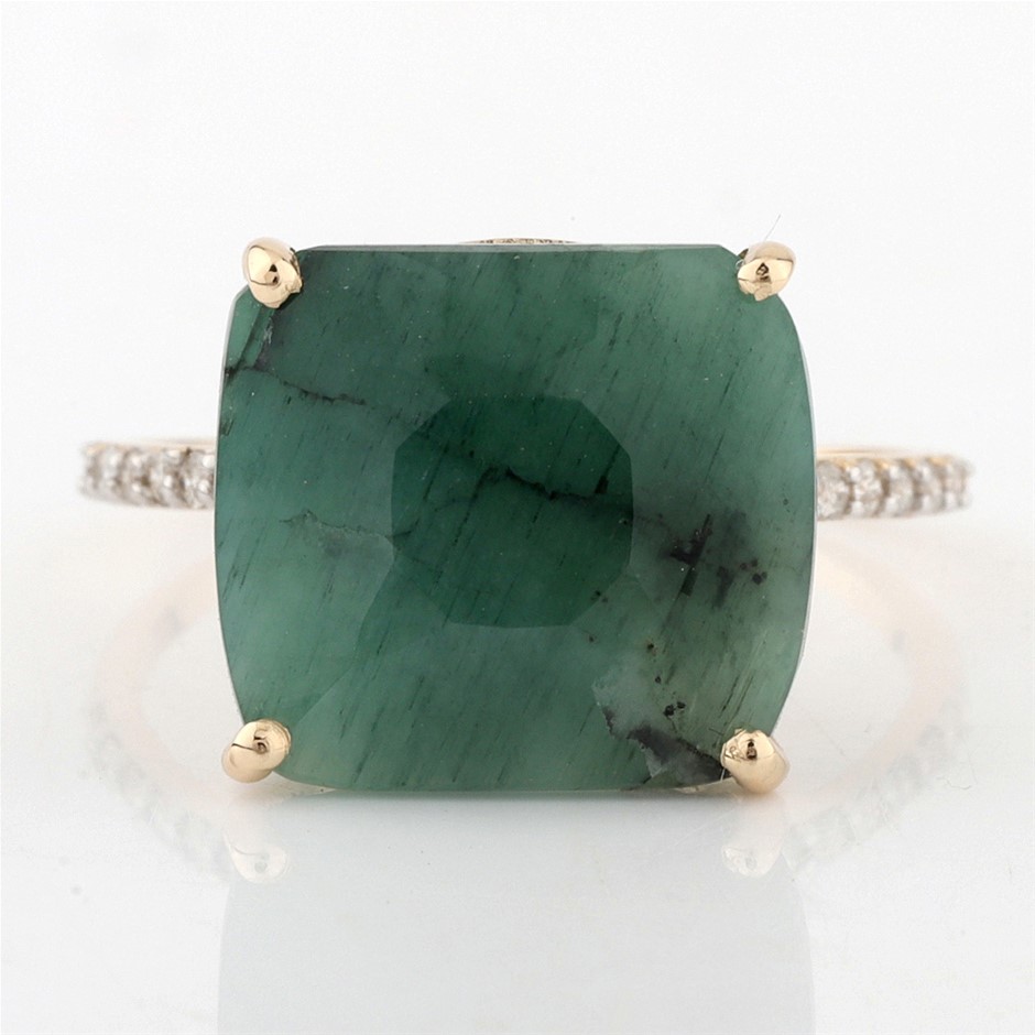 Yellow Gold Natural Emerald & Diamond Ring with Valuation
