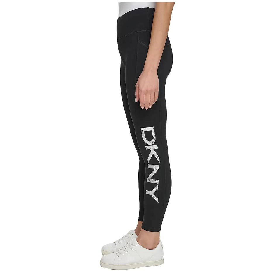 DKNY Women's Logo Leggings, Size L, 90% Cotton, Black/Silver (BSV).