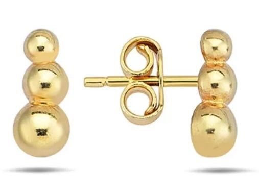 9K Yellow Gold 3 BEAD BAR STUD EARRINGS