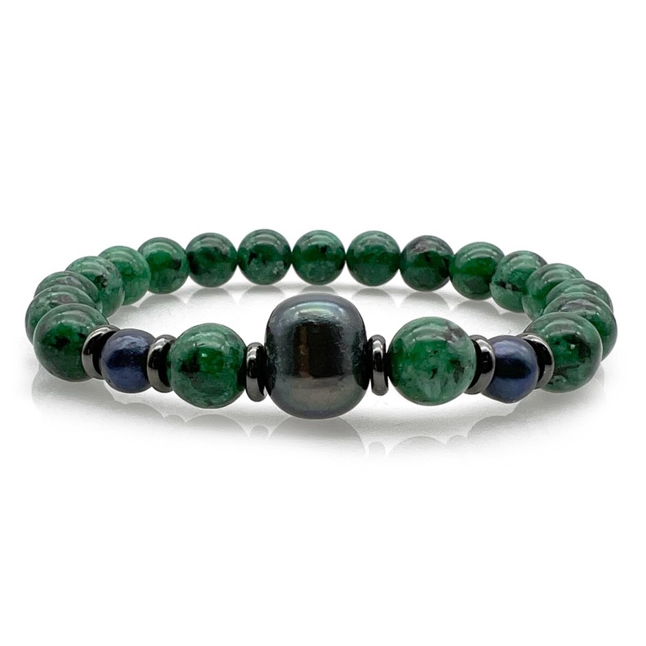 Men's 10mm Pearl & Dark Green Jasper Beaded Bracelet
