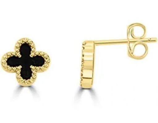 9K Yellow Gold BRACELETACK ONYX CLOVER STUD EARRINGS