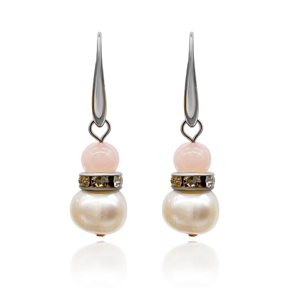 Rose Quartz & Freshwater Pearl Platinum Plated Drop Earrings