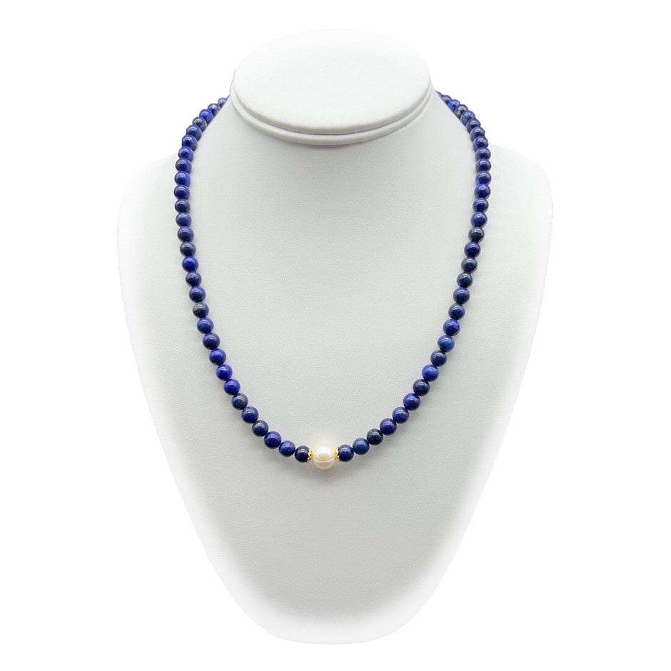 10mm White Pearls with Lapis Lazuli Gemstone Necklace