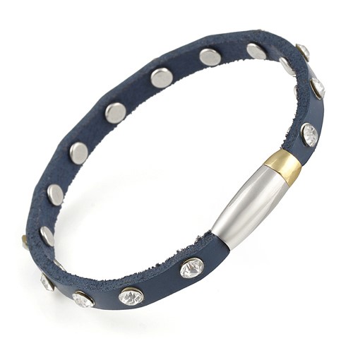 Navy Studded Leather Bracelet with Stainless Steel Clasp