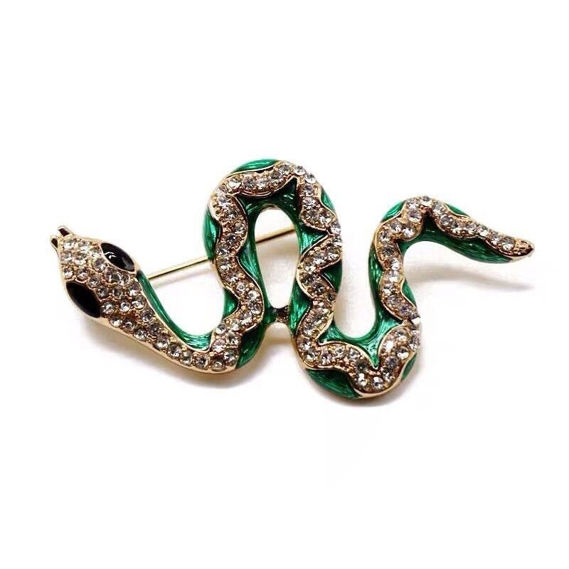 Designer Simulated Diamond Green Snake Brooch Pin