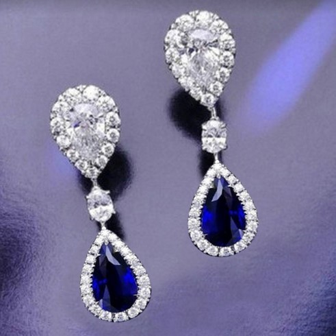 Stunning Simulated Diamond Blue Teardrop Bridal Earrings