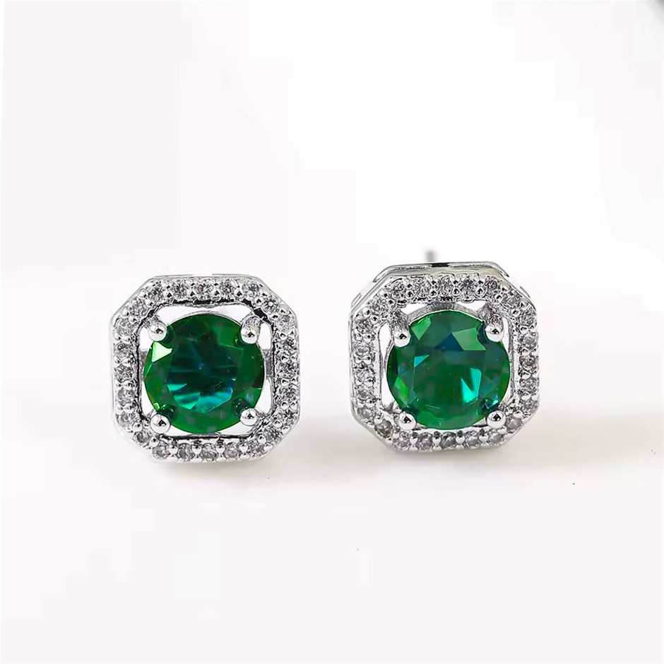 Designer Green & Simulated Diamond Square Stud Earrings in Silver