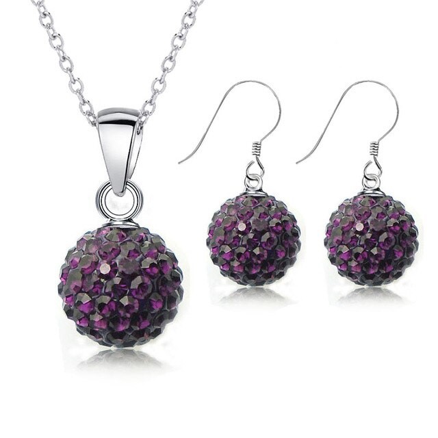 925 Sterling Silver Dark Purple Crystal Disco Ball Earring & Necklace Set