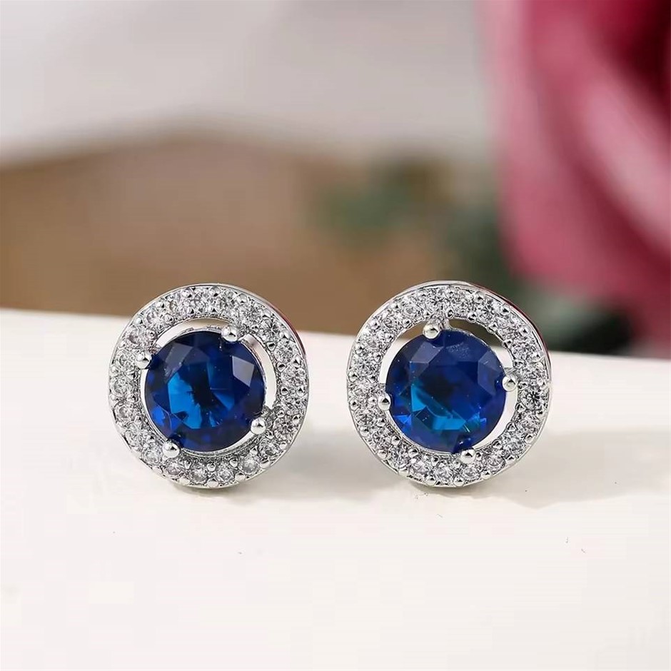 Designer Simulated Diamond Blue Round Stud Earrings in Silver
