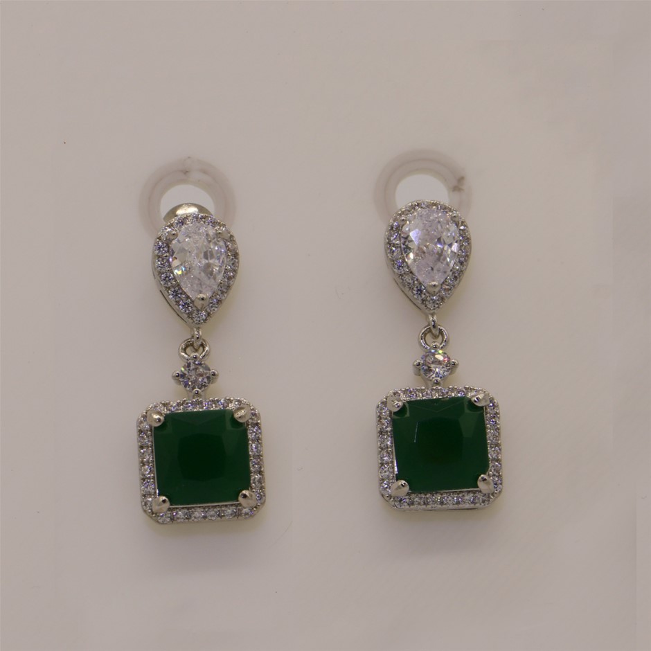 Designer Simulated Diamond Green Square Teardrop Earrings in Silver