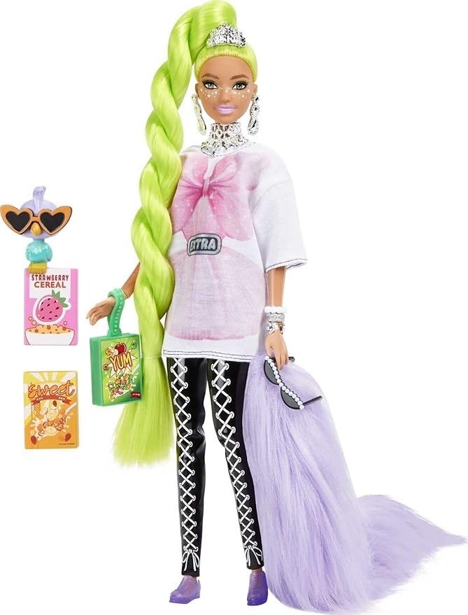 Barbie Extra Doll, with Neon Green Hair, Feather Boa and Pet Parrot.