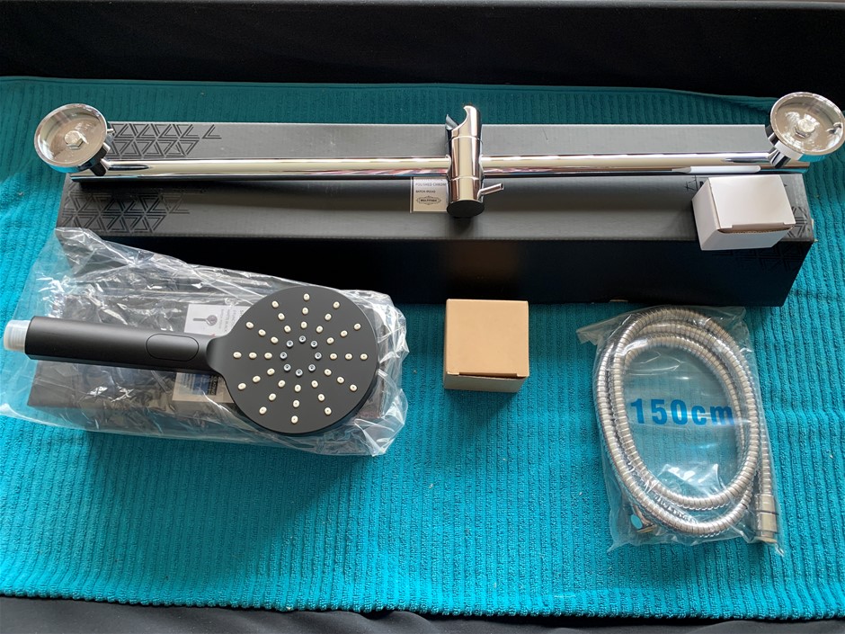 New in Box Chrome Shower Rail with Black Hand Held - Quantity 1