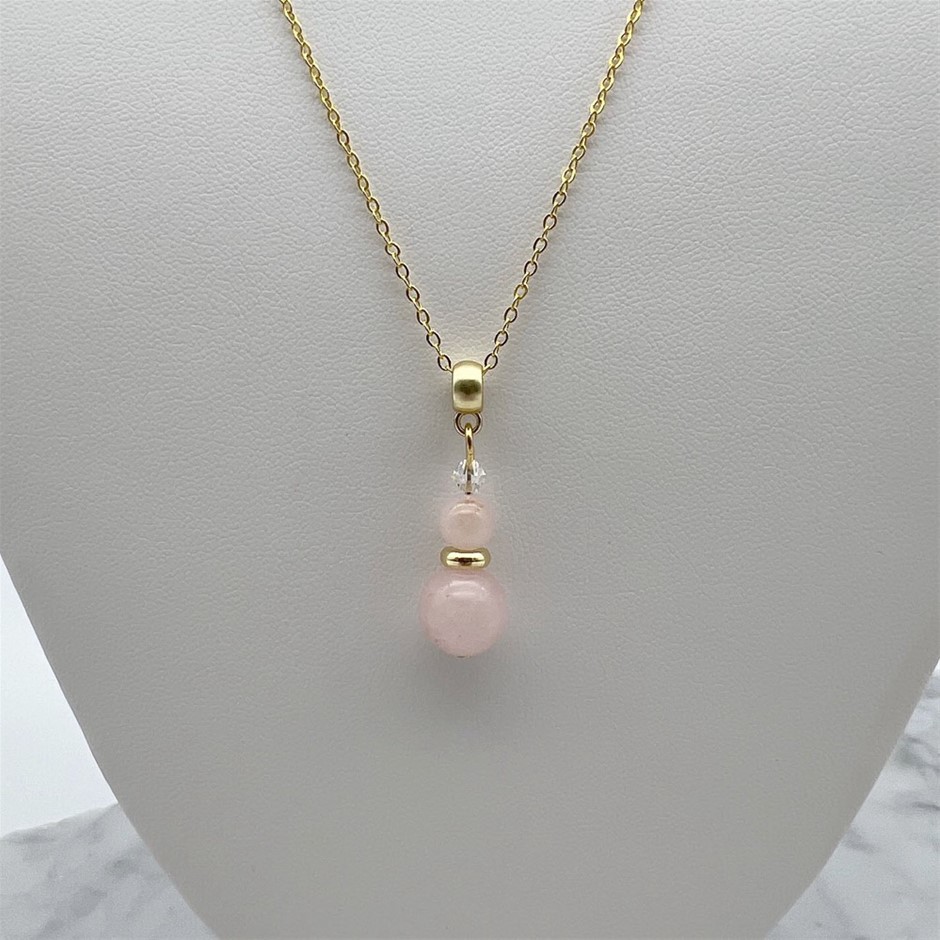 Rose Quartz & Swarovski Austrian Crystal Gold Plated Pendant Necklace