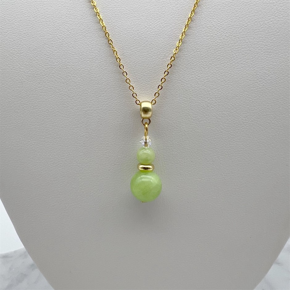 Floral Jade & Swarovski Austrian Crystal Gold Plated Pendant Necklace