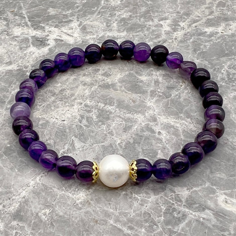 10mm White Pearls with Amethyst Gemstone Bracelet