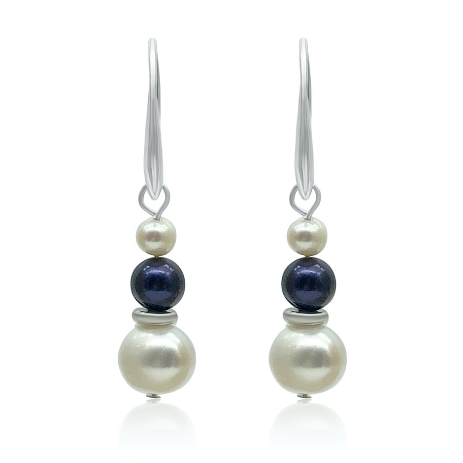 5-10mm White & Black Freshwater Pearl Real Platinum Plated Drop Earrings