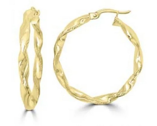9K Yellow Gold TWISTED HOLLOW HOOP EARRINGS 25mm