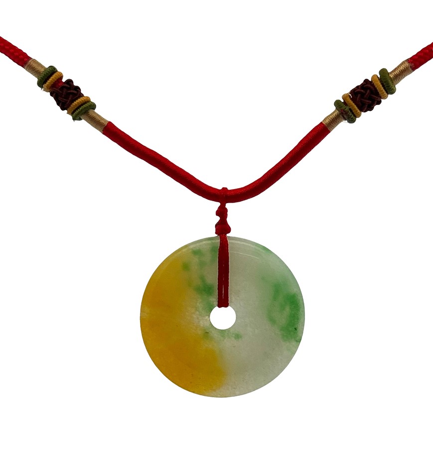 Jade Multicolour Disc Pendant on a Red Rope Necklace