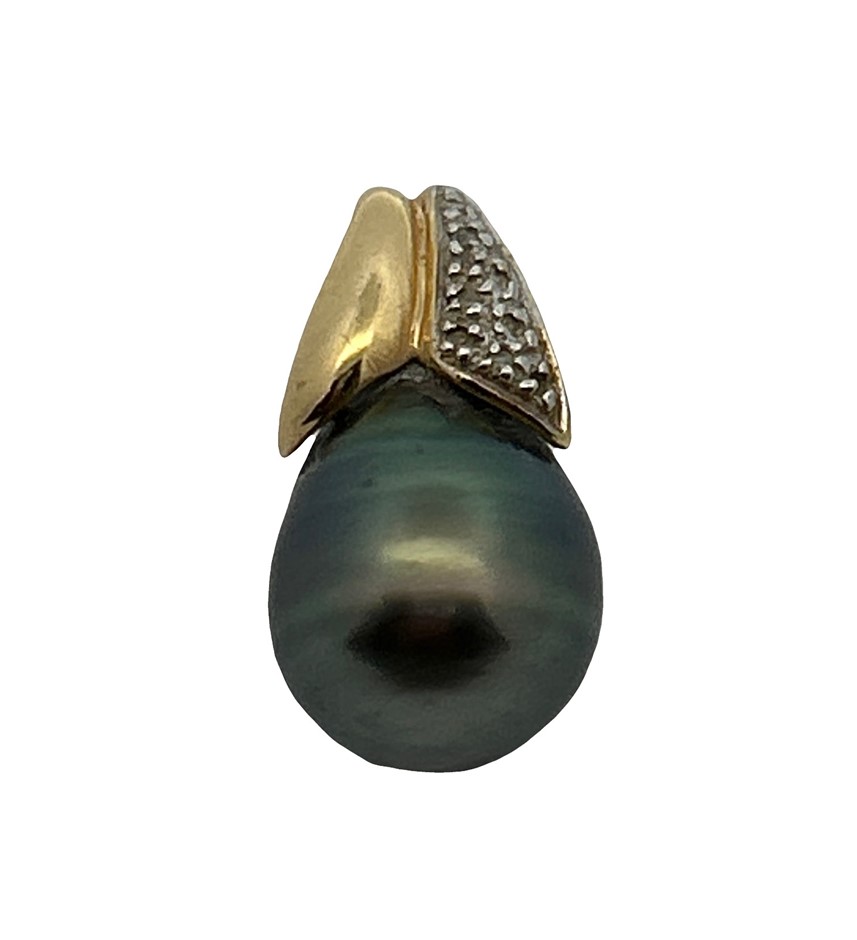 14ct Yellow Gold Tahitian Pearl & 0.04ct Diamond Slider Pendant