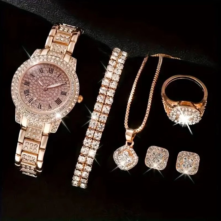 Luxury Elegant Wrist Watch & 5PCS Crystal Jewellery Iced Out Set