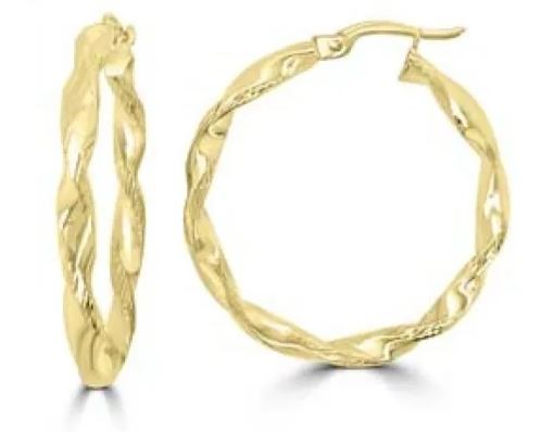9K Yellow Gold TWISTED HOLLOW HOOP EARRINGS 25mm