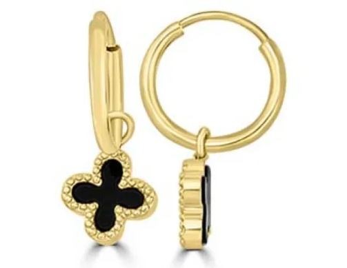 9K Yellow Gold BRACELETACK ONYX CLOVER HUGGIE EARRINGS