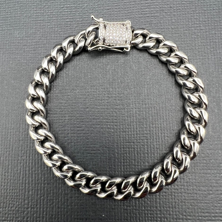 Silver-Filled Cuban Bracelet with Simulated Diamond Clasp, 8MM -