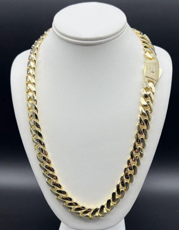 18K/Italy Triple Solid Yellow Gold Plated Cuban Chain -55cm-14mm