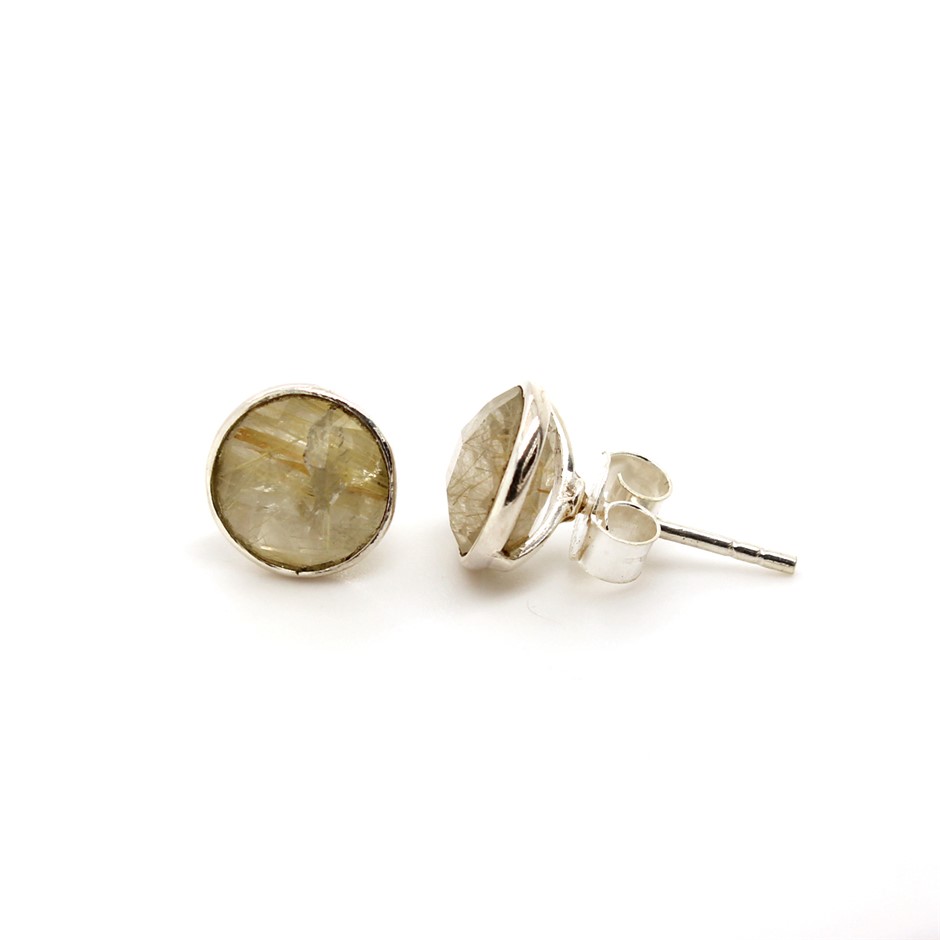 Elegant Handcrafted Rutilated Quartz Stud 925 Silver Gemstone Earrings