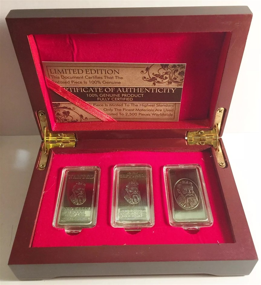 NED KELLY Set Of 3 x 10grm Ingots With D/Box HSE 999 Silver