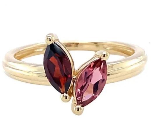 9K Yellow Gold GARNET & PNK TOUR MARQ HRT RING