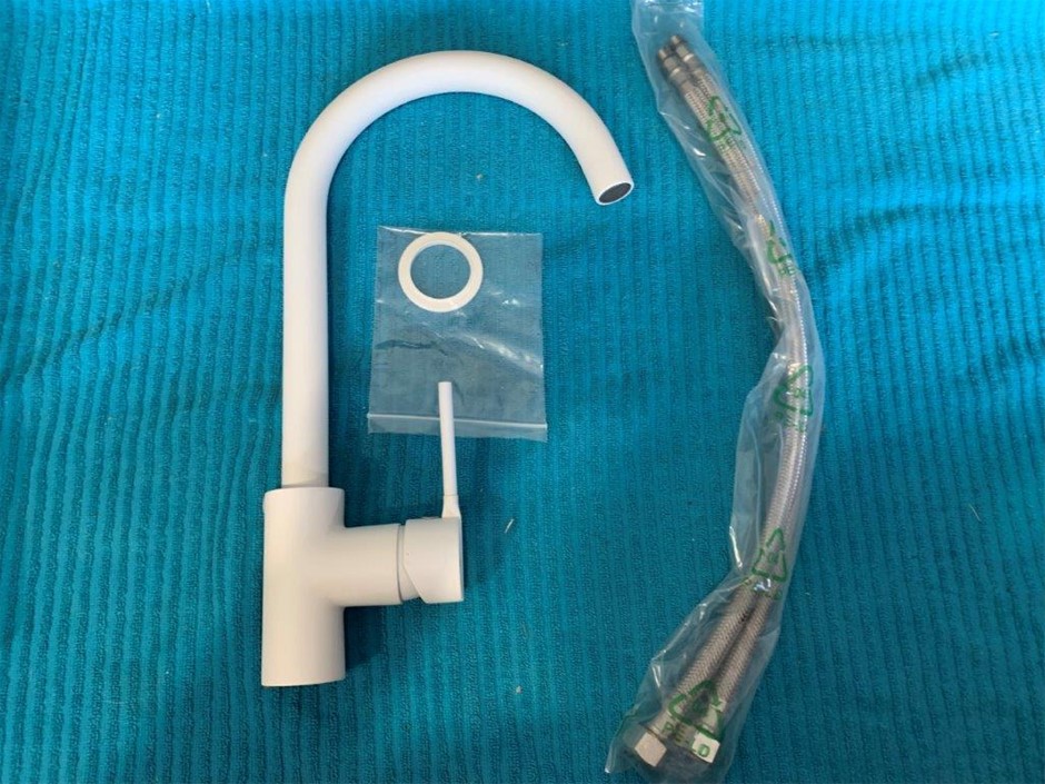 New in Box Multitude Gooseneck Sink Mixer Tap, Matte White - Quantity 1